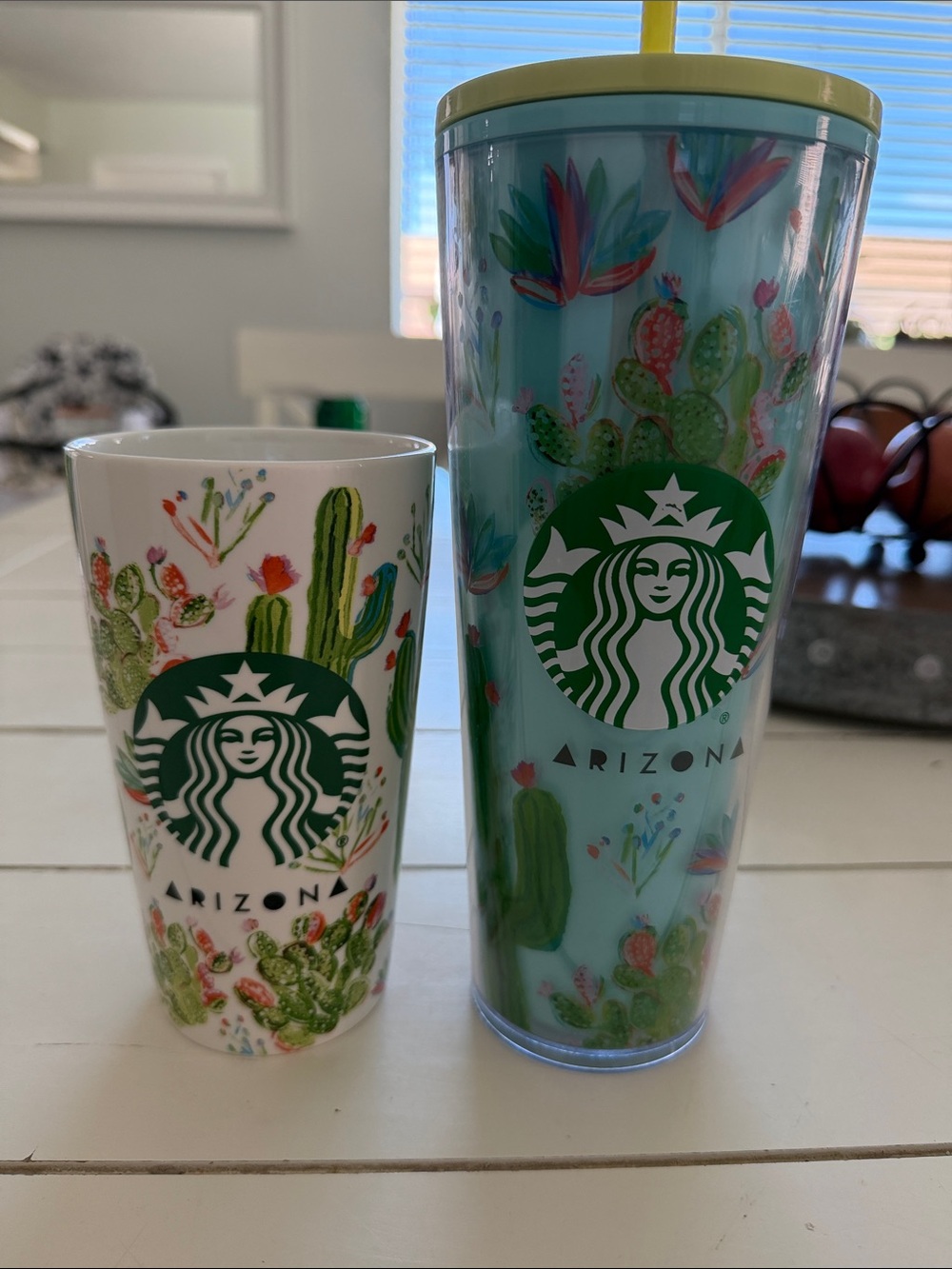 Starbucks Green Cactus Print Ceramic Mug and Teal Tumbler Set